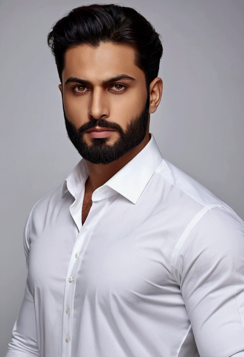 (professional man in elegant clothes), (sem beard,) (black colored eyes) (portraite) Beautiful and serious appearance, Dark brown Hair, elegant and elegant, and strong body very formal white shirt, (high quality and realistic image), ((best qualityer, 8k, work of art). Name shahzaib