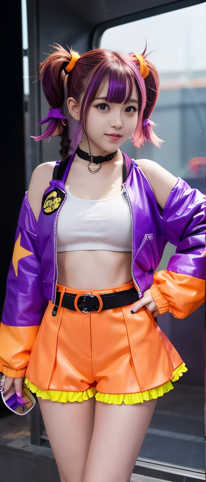 Cute idol girl、whole body、Good style、、、、、、、、、、Thick legs、、Fluorescent orange and purple punk shorts costume(punk jacket)、Neat and clean idol face、Star Belt(Glowing)、Pigtails、
