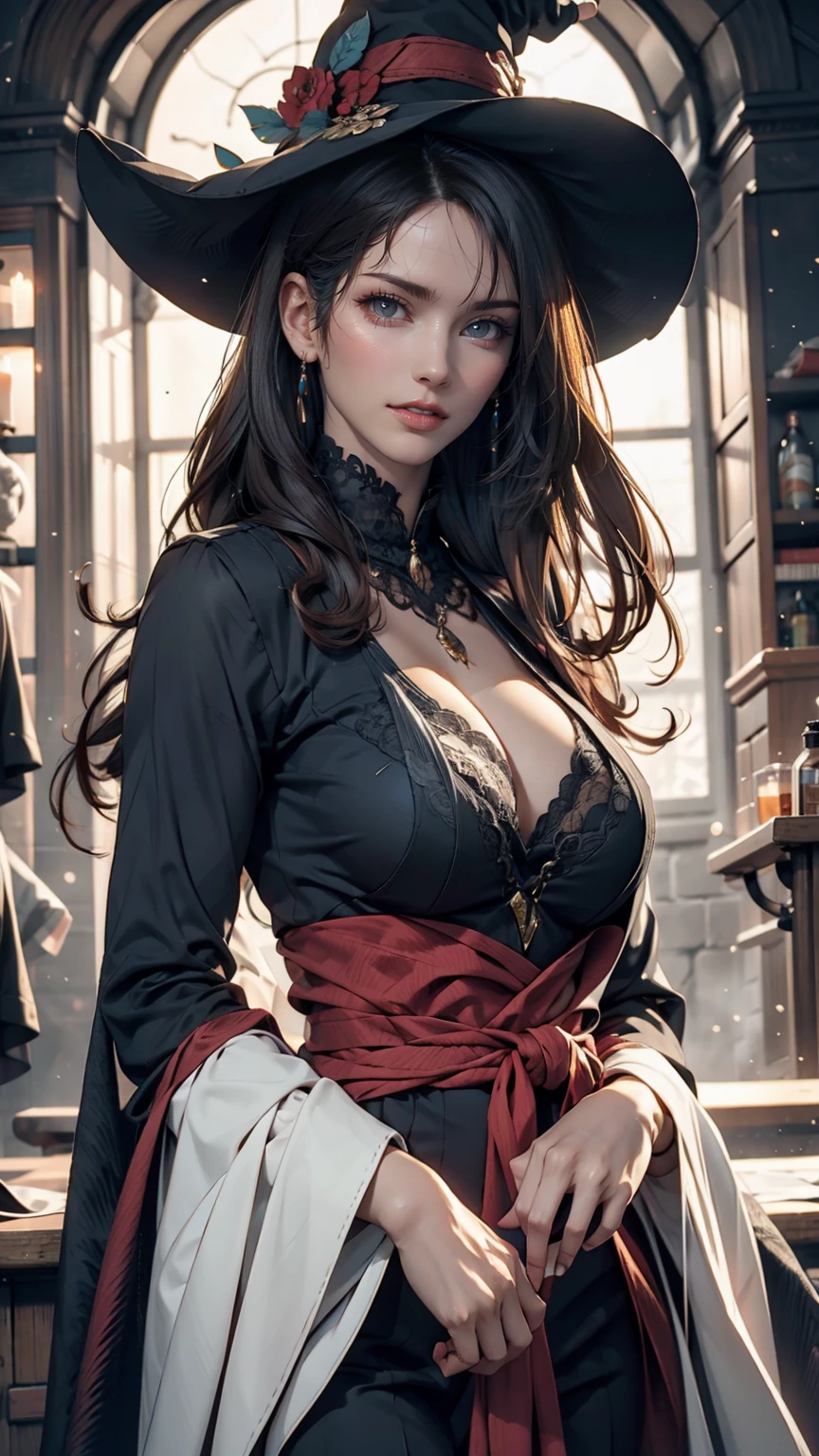 (masterpiece), (Artwork), (great work), (Detailed eyes), (Delicate skin), (heterochromatic eyes), (Multicolor), (Short white hair with bangs), (Sparkling eyes), (One girl) Wearing a witch hat, Ancient, old, Dressed in gorgeous medieval costume, masterpiece, Highest quality, Best Designer, Best illustrations