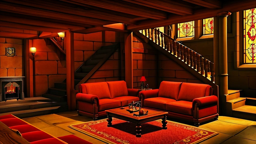 Gryffindor Common Room,Large chat room,redい壁ファンタジー,middle ages,sofa,Heating stove,Stairs with handrails,warmth,Warm lighting,redい絨毯,red《Harry potter》《hogwarts legacy》