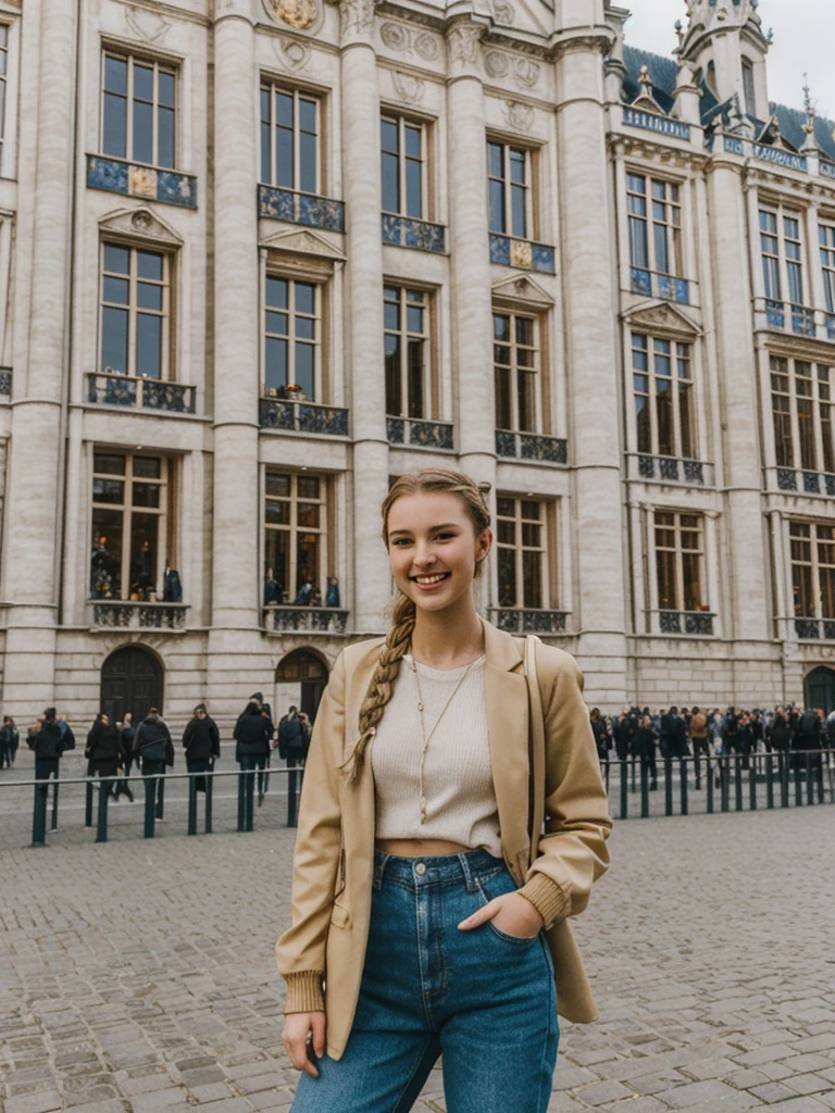 her name is Chrsotine, high quality, 1girl, ((20-year-old fit Caucasian woman)), ((20 years old)), ((fit)), ((Halo Braid)), pose: standing, wearing unique Generation-Z modern wear, BACKGROUND: Grand Place, Brussels: Stunning architecture and vibrant city life, smiling