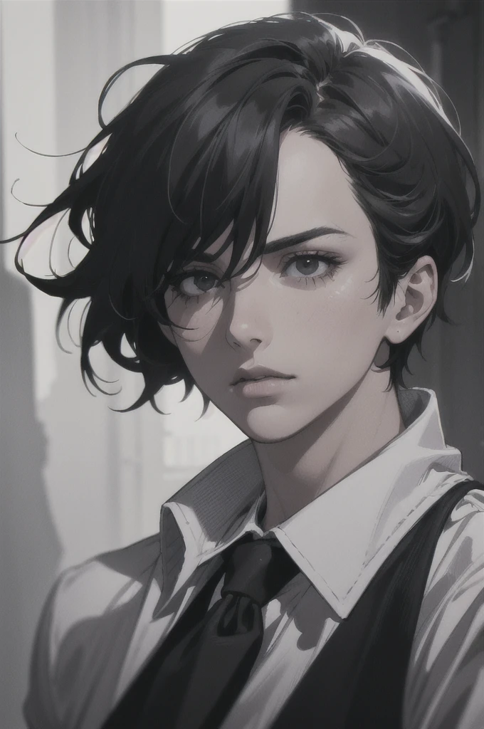 a mature man with a broad jawline wearing a black coat, black vest, and white shirt, short black hair, black eyes, pale white skin, dark circles under tired eyes, vivid elegant masculine portrait, (best quality, masterpiece:1.2, detailed, photorealistic:1.37, 8k, ultra-detailed, hyper-realistic, dramatic lighting, cinematic, depth of field, chiaroscuro), deep character