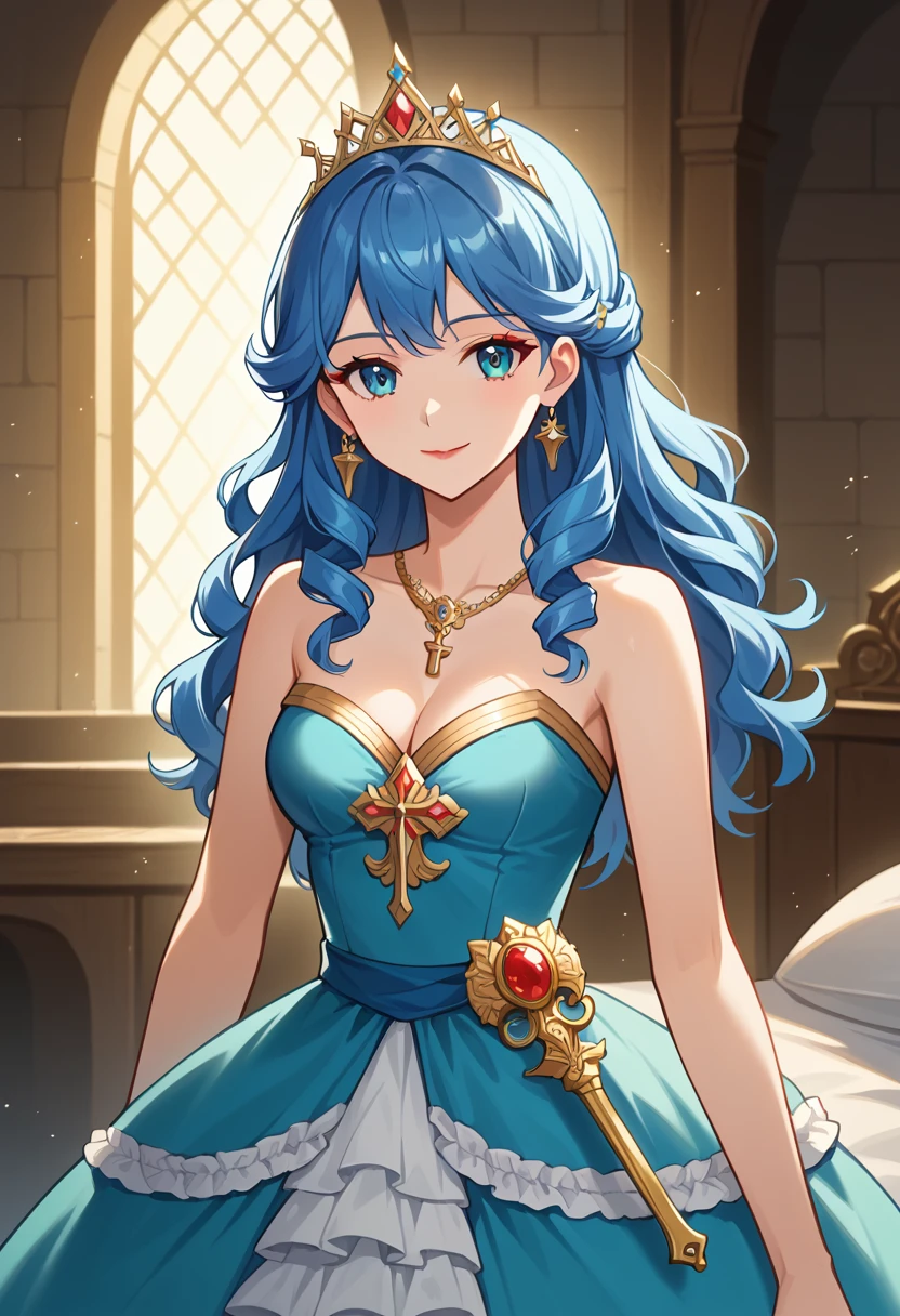 score_9, score_8_up, score_7_up, source_anime, best quality, high resolution, masterpiece, absurdres,vector trace,anime screencap, key art style, cinematic lighting, morning, 1girl, solo, standing, long hair, standing, upper body, cya eyes, medieval, jewelry, luxery, embrodieries, gold acessories, blue hair, curls, dress, princess, frilly ball_skirt, cyan dress, gown, royalty, makeup, tiara, shiny jewlery, (ager, medium bust, medium breasts, smile), bare arms, red lips, cleavage, strapless, sparkling dress,hortensia