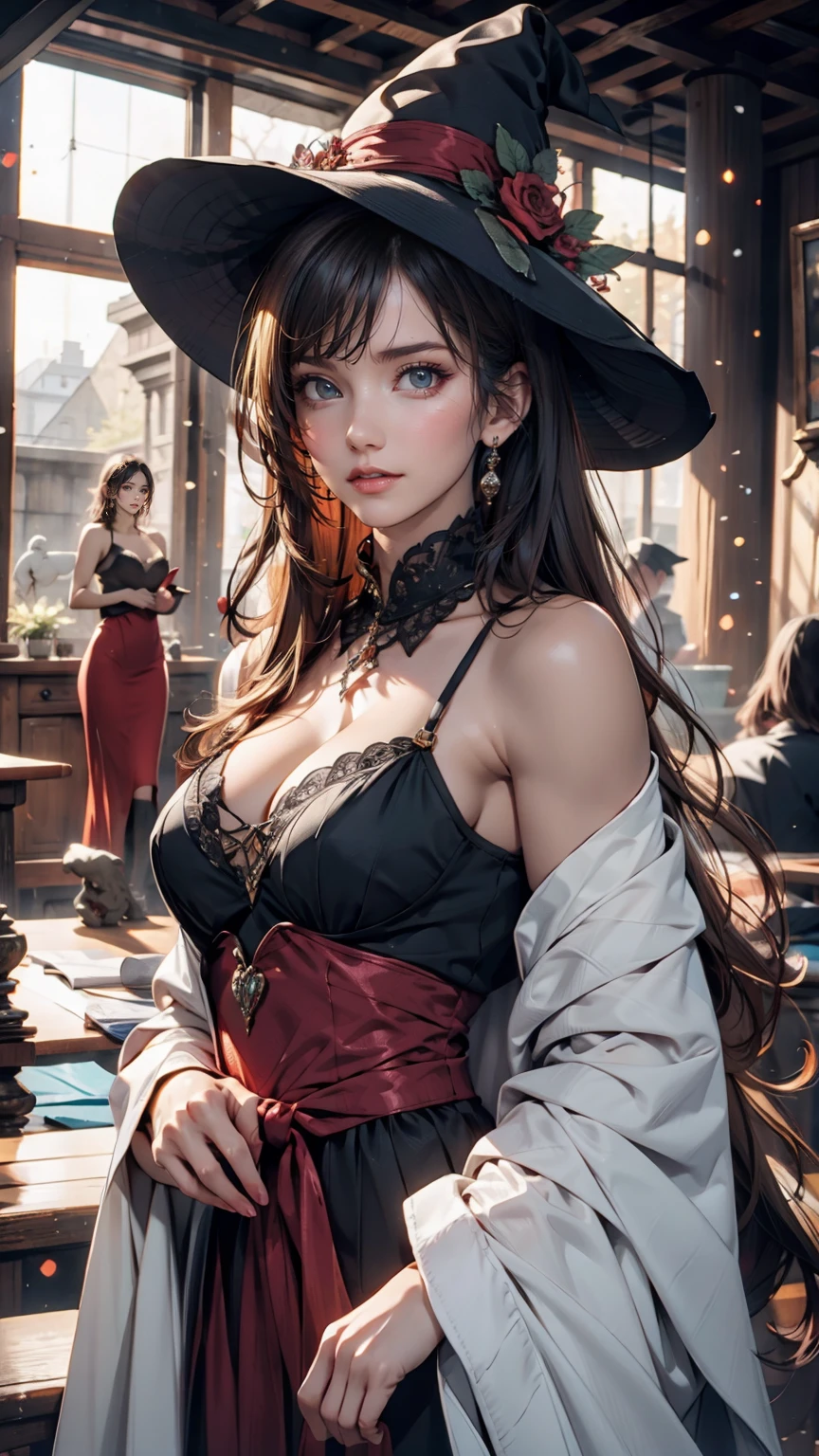 (masterpiece), (Artwork), (great work), (Detailed eyes), (Delicate skin), (heterochromatic eyes), (Multicolor), (Short white hair with bangs), (Sparkling eyes), (One girl) Wearing a witch hat, Ancient, old, Dressed in gorgeous medieval costume, masterpiece, Highest quality, Best Designer, Best illustrations