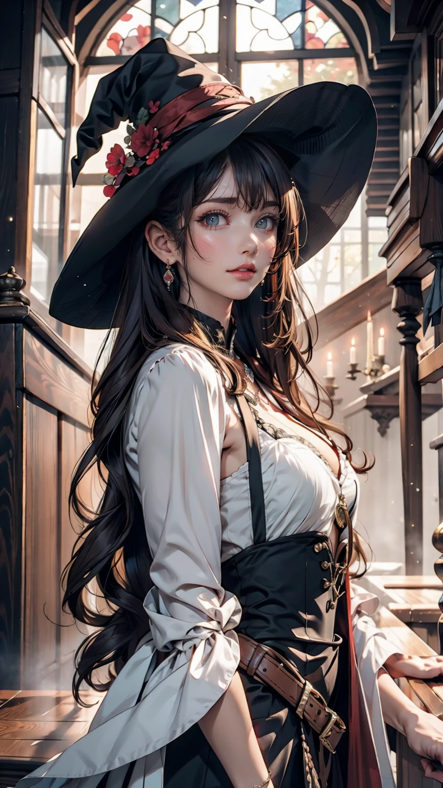 (masterpiece), (Artwork), (great work), (Detailed eyes), (Delicate skin), (heterochromatic eyes), (Multicolor), (Short white hair with bangs), (Sparkling eyes), (One girl) Wearing a witch hat, Ancient, old, Dressed in gorgeous medieval costume, masterpiece, Highest quality, Best Designer, Best illustrations