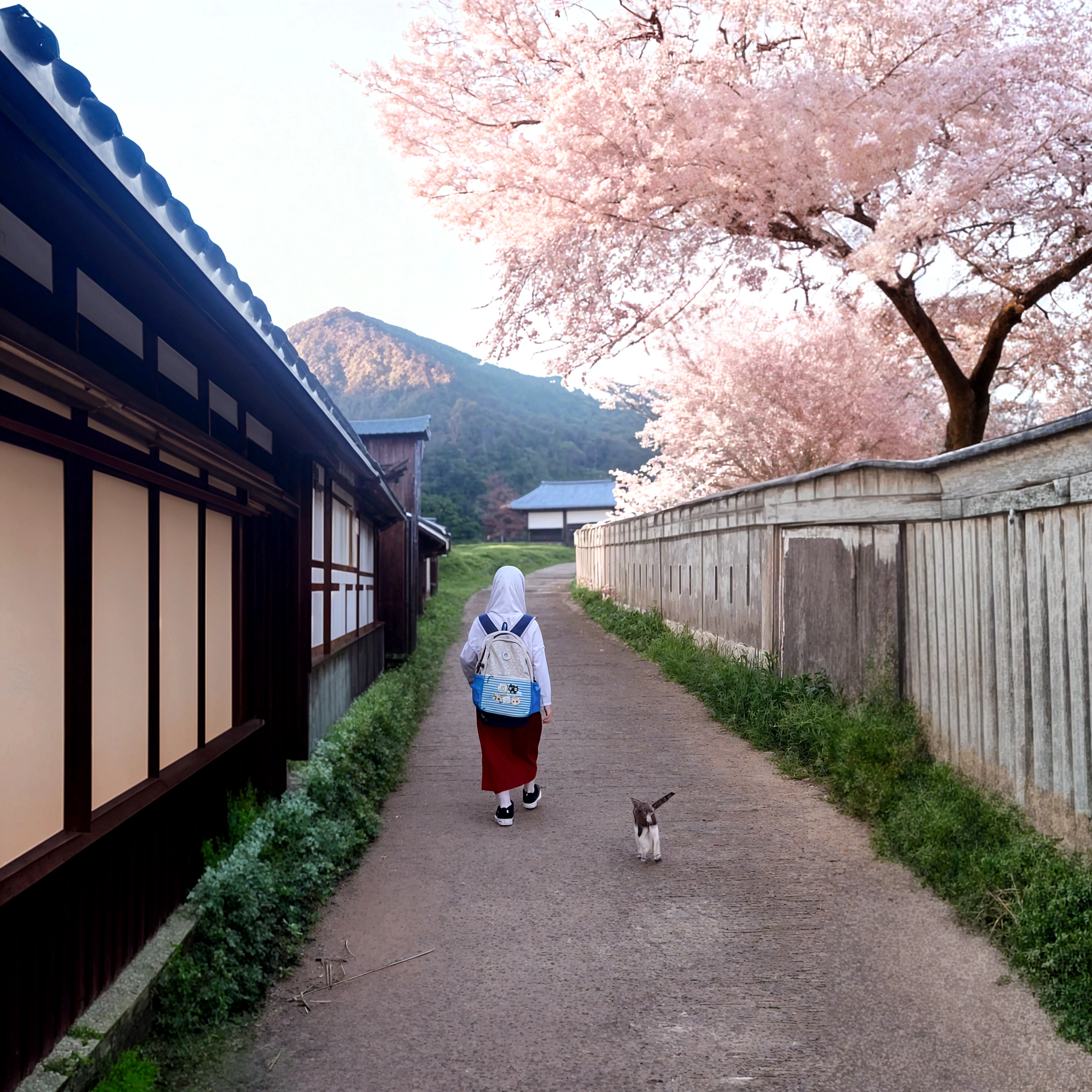 A high quality professional photo of a Muslim girl walking with her cat on the cherry blossom forest, a small home saturated on the way, sky full with stars. The scene to be captured in high resolution, featuring a pestle and abundant pink color graphics. Include details such as the blossoms in full bloom, the girl in traditional attire, the cat walking alongside, the cozy small home with vibrant saturation, and a dreamy starlit sky above. The emphasis should be on the pink hues adding a magical and enchanting touch to the image.