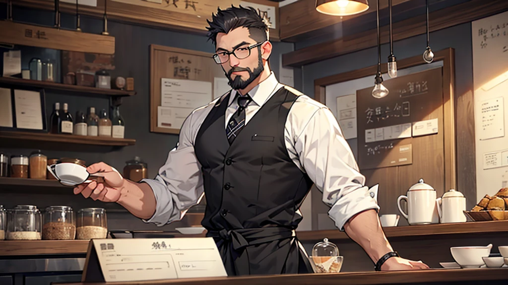 Gray short hair、Glasses、Beard、One person、Master、Cafe、One personでコーヒーを注ぐ、Black vest、shirt、tie、One personの男、Waist apron、One personだけ