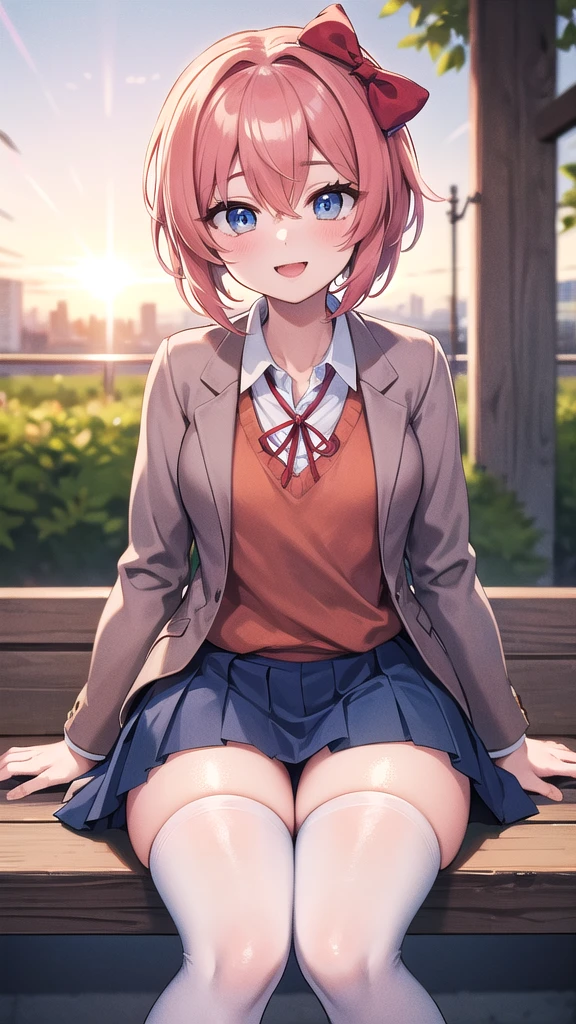Masterpiece, perfect lighting, (beautiful, Best quality: 1.3), ddlcsayori, ddlcsayori, Perfect eyes, absurd, 8k, 1 girl, alone, (absurds), finely detailed, perfect hands, perfect anatomy, very large, smiling, mouth open, in love, looking at viewer, posing coquettishly, thighs, wide eyes, blue, hair between eyes, hair bow, hair ornament, pink hair, red bow, short hair, (small chest: 1.2 ), white stockings, blue skirt, pleated skirt, skirt, brown jacket, jacket, sitting in the park at sunset.