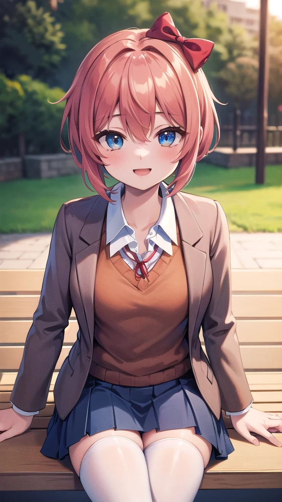 Masterpiece, perfect lighting, (beautiful, Best quality: 1.3), ddlcsayori, ddlcsayori, Perfect eyes, absurd, 8k, 1 girl, alone, (absurds), finely detailed, perfect hands, perfect anatomy, very large, smiling, mouth open, in love, looking at viewer, posing coquettishly, thighs, wide eyes, blue, hair between eyes, hair bow, hair ornament, pink hair, red bow, short hair, (small chest: 1.2 ), white stockings, blue skirt, pleated skirt, skirt, brown jacket, jacket, sitting in the park at sunset.