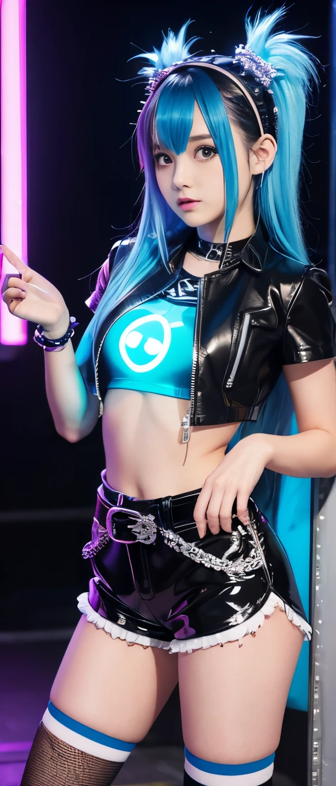 Cute and cool idol girl、whole body、Good style、、、、、、、、、、Thick legs、、Fluorescent blue and silver punk shorts costume(punk jacket)、Neat and clean idol face、squirt(Glowing)、Black Long Hair、Cool belt