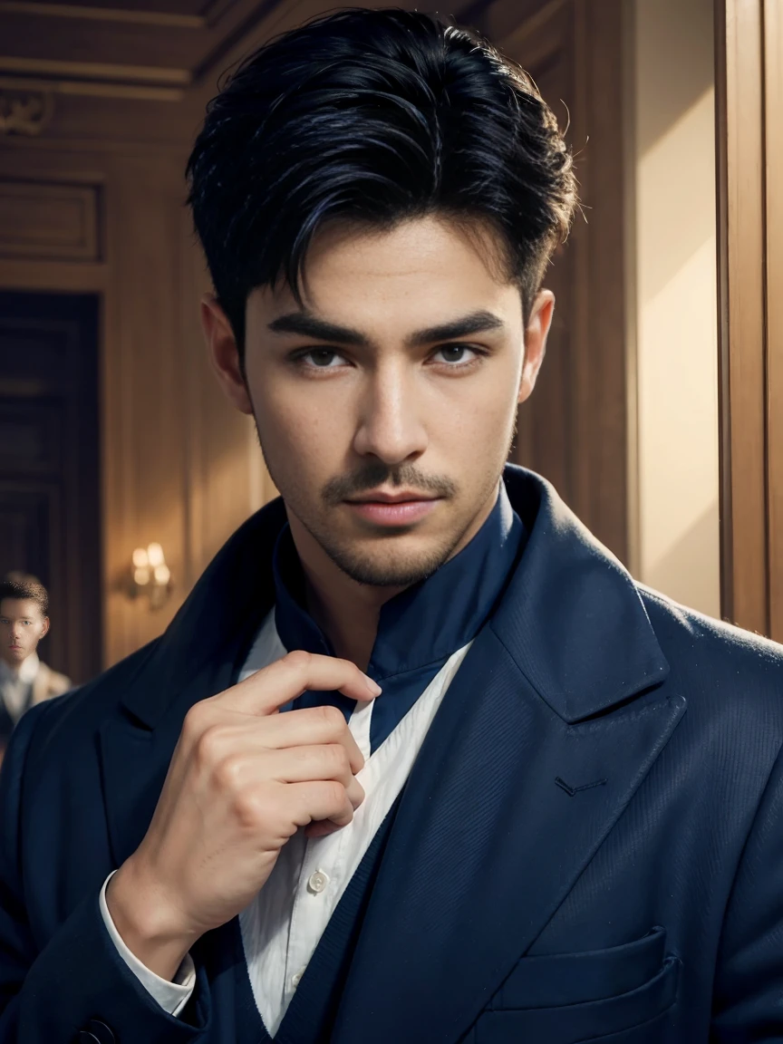 ((masterpiece)),((best quality)),8K,high detail,Very detailed, Very manly,3 men, like,fashion pose, Realistic skin texture, Light,
Royal blue style couple,Perfect hand details