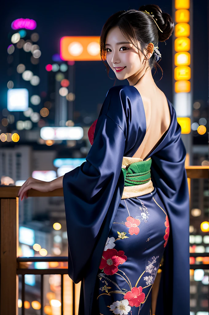 Create an image of a stunning Japanese beauty in a captivating, sensuous setting. She's at an exclusive, late-night Tokyo rooftop party, under a sky filled with dazzling neon lights. Her outfit is a modern take on traditional kimono, tailored to accentuate her elegant figure, with fabric that subtly hints at the curves beneath. The kimono is artfully disheveled, suggesting a carefree spirit. Her hair is styled in a chic, yet disheveled updo, with a few strands playfully caressing her face. She holds a delicate, antique-looking fan, partially covering her alluring smile. The lighting is moody and atmospheric, highlighting her striking features and the smooth texture of her skin. She's glancing over her shoulder, her eyes brimming with a mix of mystery and invitation. The background is a blur of city lights and shadowed figures, focusing all attention on her mesmerizing presence.