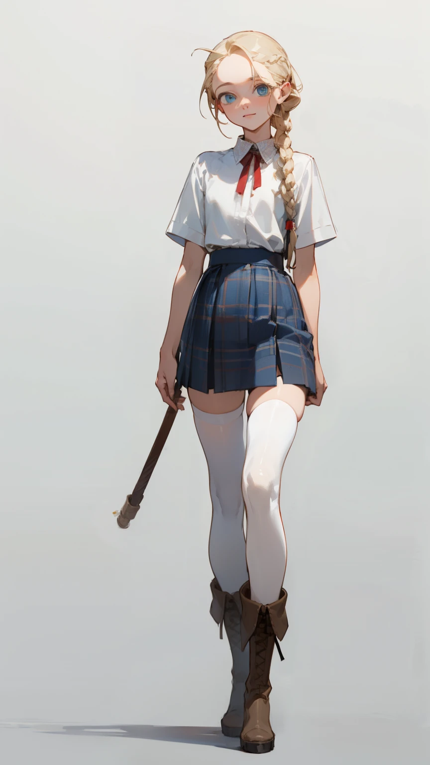 (masterpiece, best quality, super detailed, beautiful details eyes, Clean and delicate face), 1 lady, solo, (full body, standing), Single Braided blonde pony tail, parted bangs, forehead, blue eye, slight smile, white short sleeve shirt, mini plaid skirt, thigh, Thigh-high stockings, Platform boots, simple color background