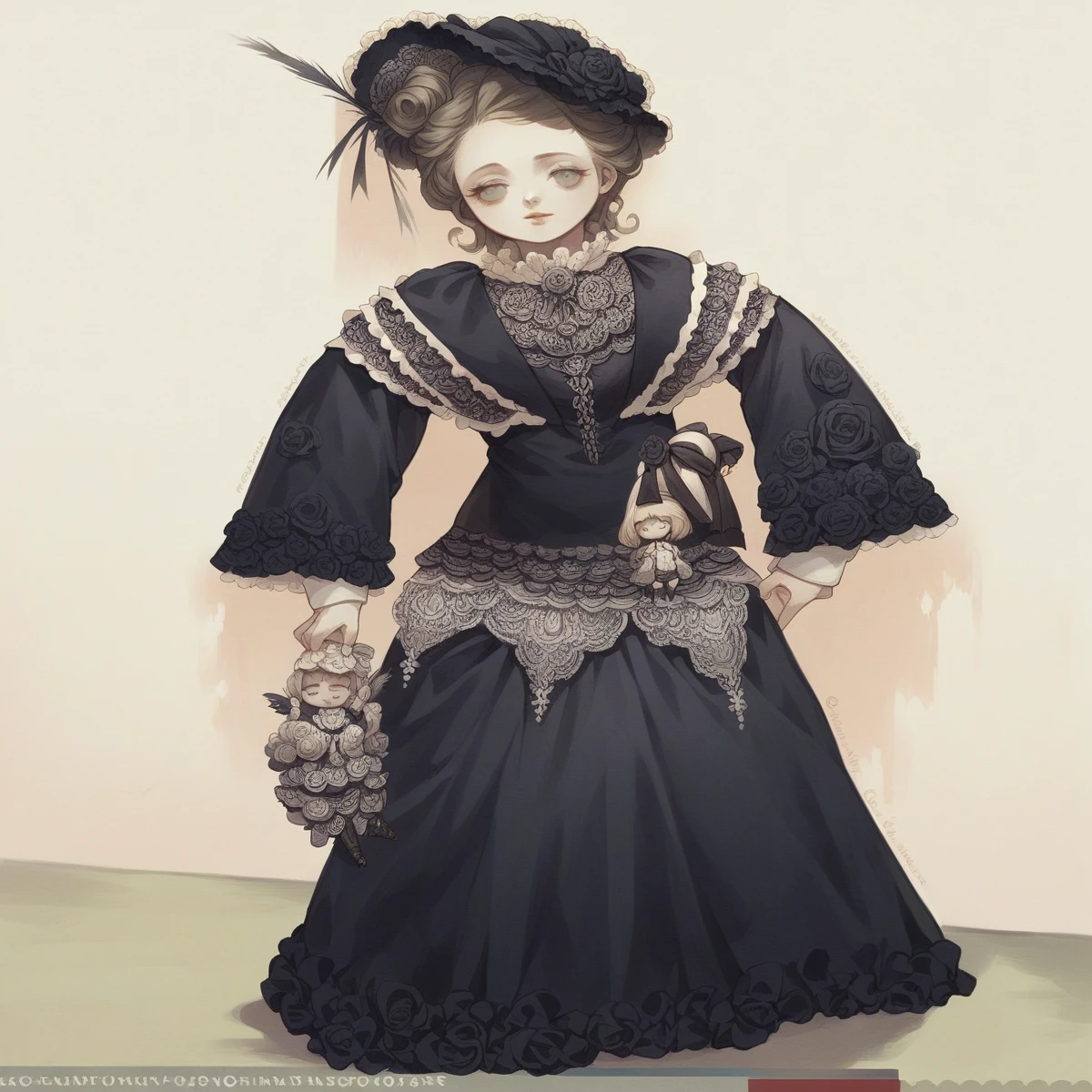 Limited edition palette, Black background,a close up of a doll with a black dress and a hat, Gorgeously dressed, intricate Victorian dress, 19th century style, Exquisite detail, Very detailed and luxurious garment, doll, doll in hand, Elegant woman, vintage doll, Dressed in Victorian costume, Victorian Woman, Victorian era, black Victorian dress, Victorian dress, Alexandre Chaudré's style