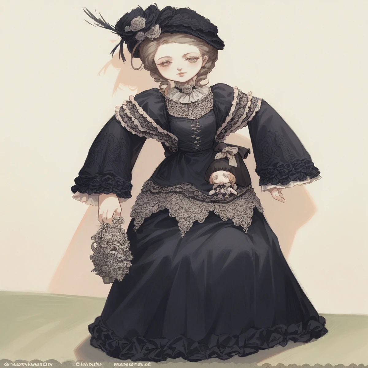 Limited edition palette, Black background,a close up of a doll with a black dress and a hat, Gorgeously dressed, intricate Victorian dress, 19th century style, Exquisite detail, Very detailed and luxurious garment, doll, doll in hand, Elegant woman, vintage doll, Dressed in Victorian costume, Victorian Woman, Victorian era, black Victorian dress, Victorian dress, Alexandre Chaudré's style