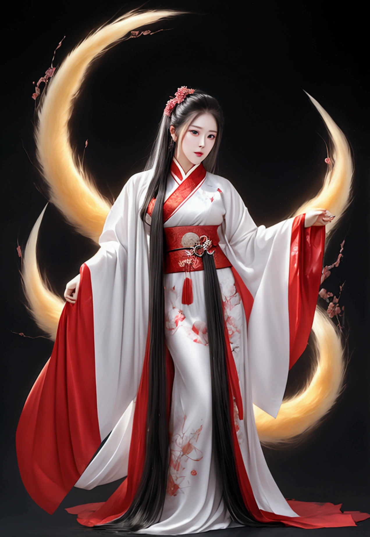 (A Divine Beast), Nine-Tailed Demon Fox, Dynamic Body Type, (Chinese Monster), Handsome, Splashed Ink, Chinese, 1girl, ((Full Body), ((2.5D)), Floating Hair, Beautiful Eyes, Delicate Eyes, Delicate Silhouette, Fantasy Art, (Black and Red Antique Brocade Hanfu), FOV, (Masterpiece), Frontal Shot, Side Portrait, White Background, (Movie Poster), Sharp, Splash, Cloud, Petals, Empty, Sky, (Wide Angle Lens), Vista