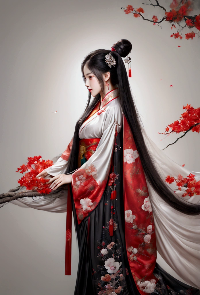 (A Divine Beast), Nine-Tailed Demon Fox, Dynamic Body Type, (Chinese Monster), Handsome, Splashed Ink, Chinese, 1girl, ((Full Body), ((2.5D)), Floating Hair, Beautiful Eyes, Delicate Eyes, Delicate Silhouette, Fantasy Art, (Black and Red Antique Brocade Hanfu), FOV, (Masterpiece), Frontal Shot, Side Portrait, White Background, (Movie Poster), Sharp, Splash, Cloud, Petals, Empty, Sky, (Wide Angle Lens), Vista