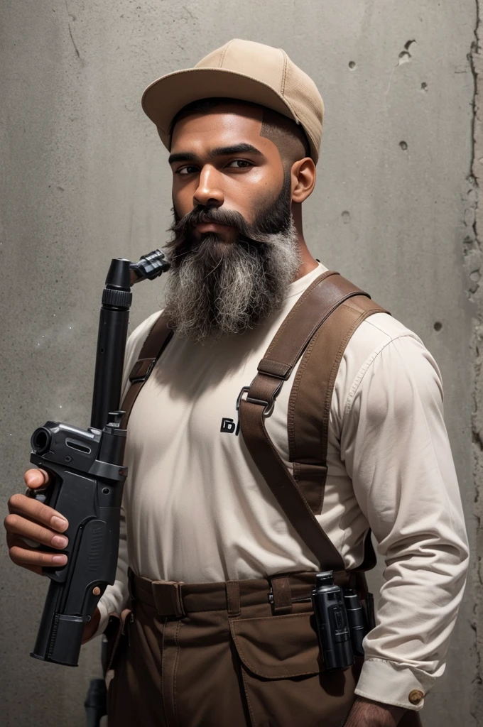 brown doll, bearded man with a spray gun in his hand