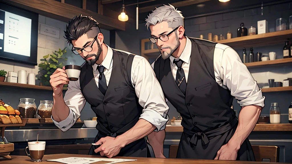 Gray short hair、Glasses、Beard、One person、Master、Cafe、One personでコーヒーを注ぐ、Black vest、shirt、tie、One personの男、Waist apron、One personだけ
