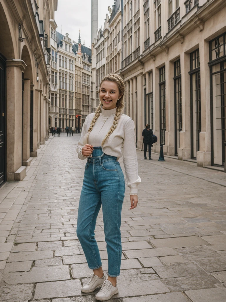 her name is Chrsotine, high quality, 1girl, ((20-year-old fit Caucasian woman)), ((20 years old)), ((fit)), ((Halo Braid)), pose: standing, wearing unique Generation-Z modern wear, BACKGROUND: Grand Place, Brussels: Stunning architecture and vibrant city life, smiling