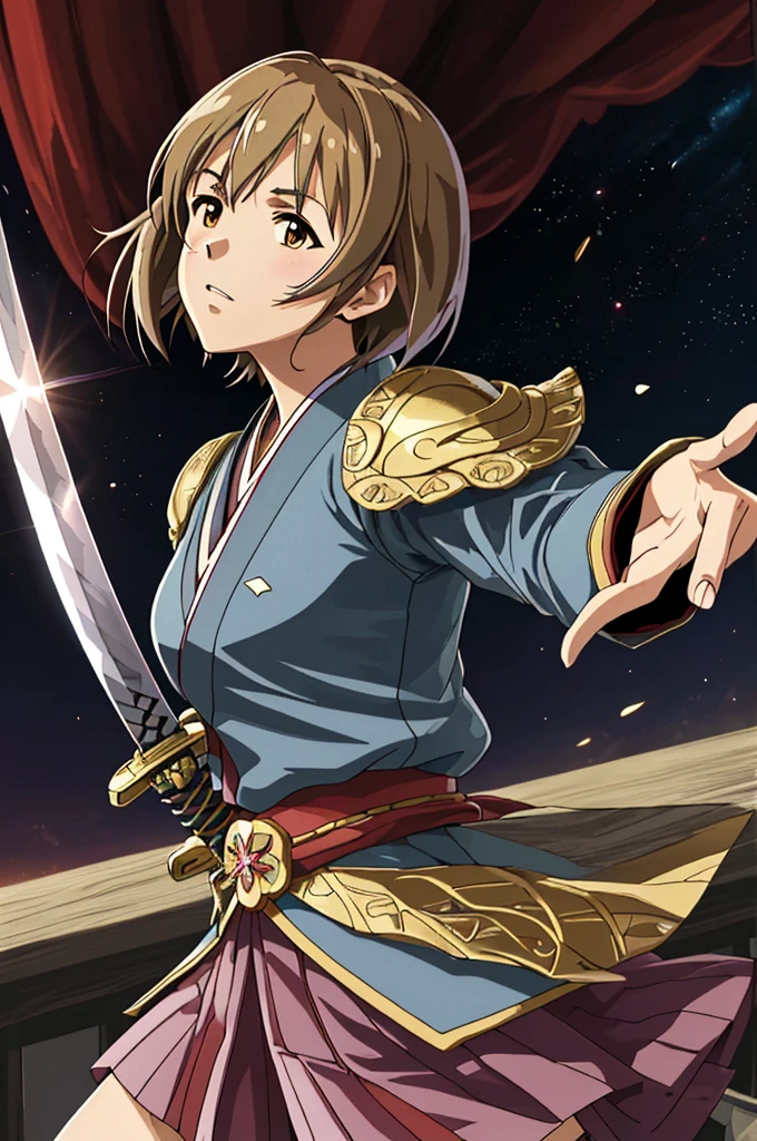 Highest quality,High resolution, (((Yukiho Hagiwara))) ,((Idolmaster)) ,(fan),One person,warrior,(dark blue_coat),kimono,Young woman,Bob,roar,intense,Aggressive,One personで,strongest,Anime Style,(Milky Way_background),(Limbs),(Full Finger),(Accurate fingertips), (The finer details), (Super detailed),(Japanese sword:),4K,(high resolution),whole body, (Front angle), Looking at the camera,masterpiece,(Subtle details),(Intricate details),Octane Rendering,(Hyper Detail),