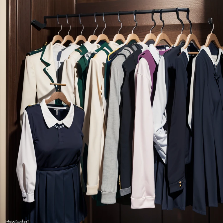 (girls' school uniforms on hanger:1.9) , (school uniforms on hangers swells as if worn by invisible girl:1.9), (in the closet), ((invisible, no humans:1.7, headless:1.7, handless, legless)), (big breasts:1.8),(on hanger:1.8)
(8k, RAW photo, best quality, masterpiece:1.2), (realistic, photo-realistic:1.37),photon mapping, radiosity, ((Hasselblad photography)),physically-based rendering,