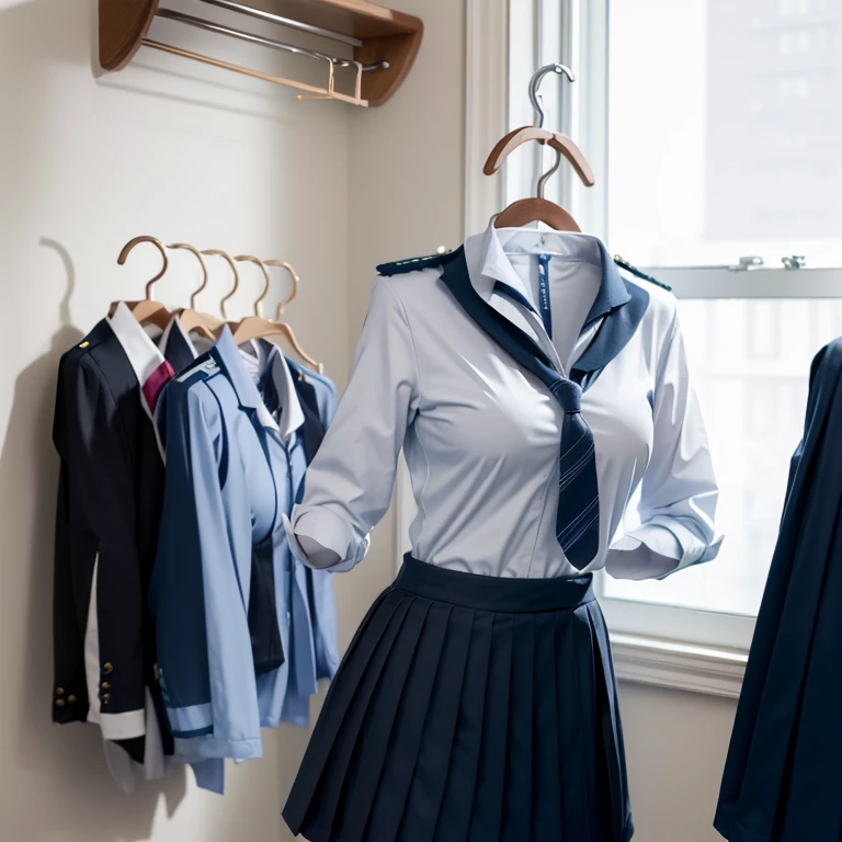 (girls' school uniforms on hanger:1.9) , (school uniforms on hangers swells as if worn by invisible girl:1.9), (in the closet), ((invisible, no humans:1.7, headless:1.7, handless, legless)), (big breasts:1.8),(on hanger:1.8)
(8k, RAW photo, best quality, masterpiece:1.2), (realistic, photo-realistic:1.37),photon mapping, radiosity, ((Hasselblad photography)),physically-based rendering,