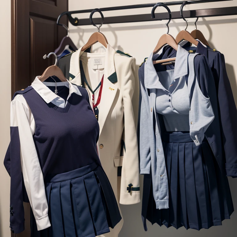 (girls' school uniforms on hanger:1.9) , (school uniforms on hangers swells as if worn by invisible girl:1.9), (in the closet), ((invisible, no humans:1.7, headless:1.7, handless, legless)), (big breasts:1.8),(on hanger:1.8)
(8k, RAW photo, best quality, masterpiece:1.2), (realistic, photo-realistic:1.37),photon mapping, radiosity, ((Hasselblad photography)),physically-based rendering,
