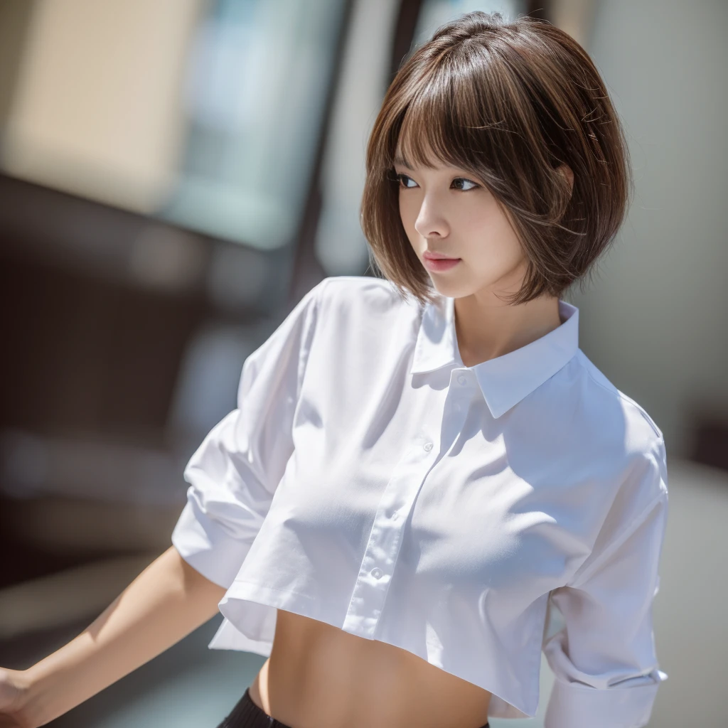 ((Highest quality、In 8K、masterpiece:1.3))、Sharp focus:1.2、Beautiful woman perfect body:1.4、Slim Abs:1.2、((Short Hair:1.2))、(trendy fashion in tokyo、shirt:1.1)、Background white、Wet body:1.5、Three-dimensional texture、Detailed eyes、（Brown Hair、Black Hair:1.2)、Very shiny hair、Backward view、Hair quality improvement、Handsome short、Short-haired blonde、No text、Lower text eraser