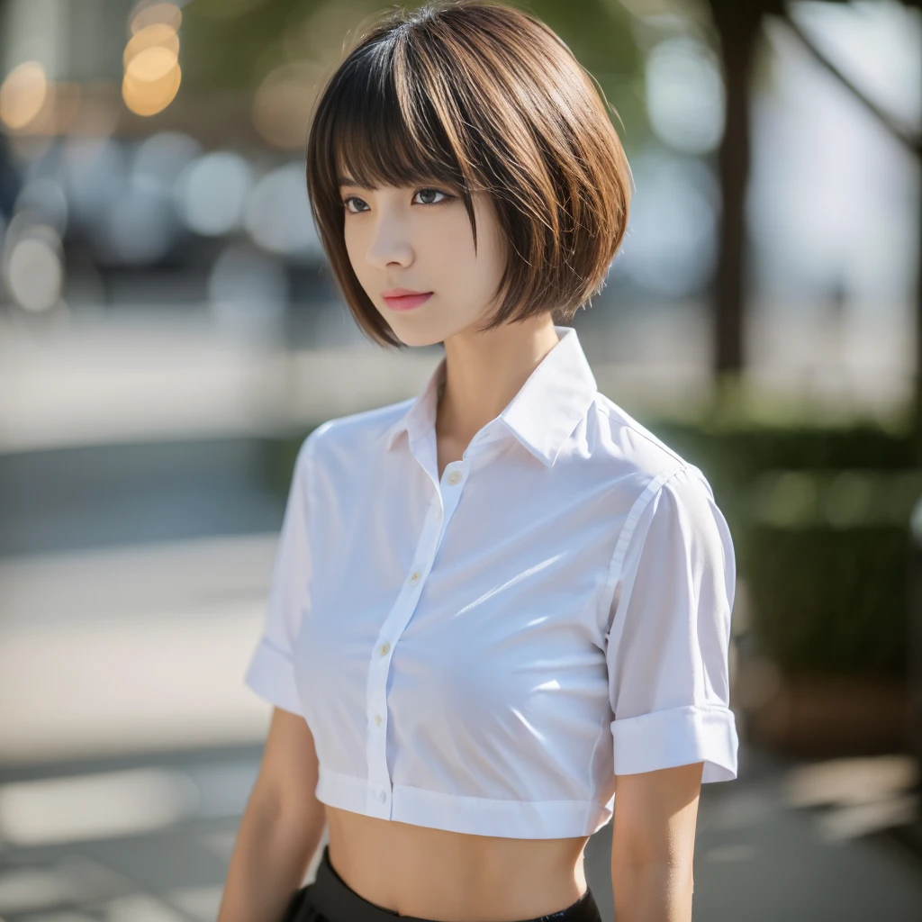 ((Highest quality、In 8K、masterpiece:1.3))、Sharp focus:1.2、Beautiful woman perfect body:1.4、Slim Abs:1.2、((Short Hair:1.2))、(trendy fashion in tokyo、shirt:1.1)、Background white、Wet body:1.5、Three-dimensional texture、Detailed eyes、（Brown Hair、Black Hair:1.2)、Very shiny hair、Backward view、Hair quality improvement、Handsome short、Short-haired blonde、No text、Lower text eraser