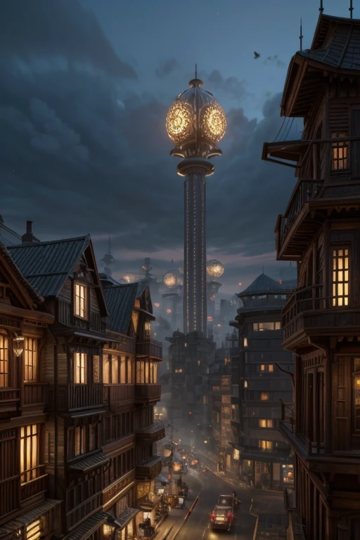 Generate what a civilization whose settlements and structures have a steampunk design would look like