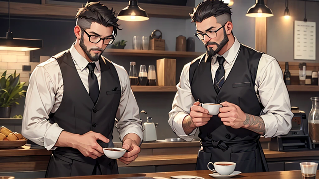 Gray short hair、Glasses、Beard、One person、Master、Cafe、One personでコーヒーを注ぐ、Black vest、shirt、tie、One personの男、Waist apron、One personだけ
