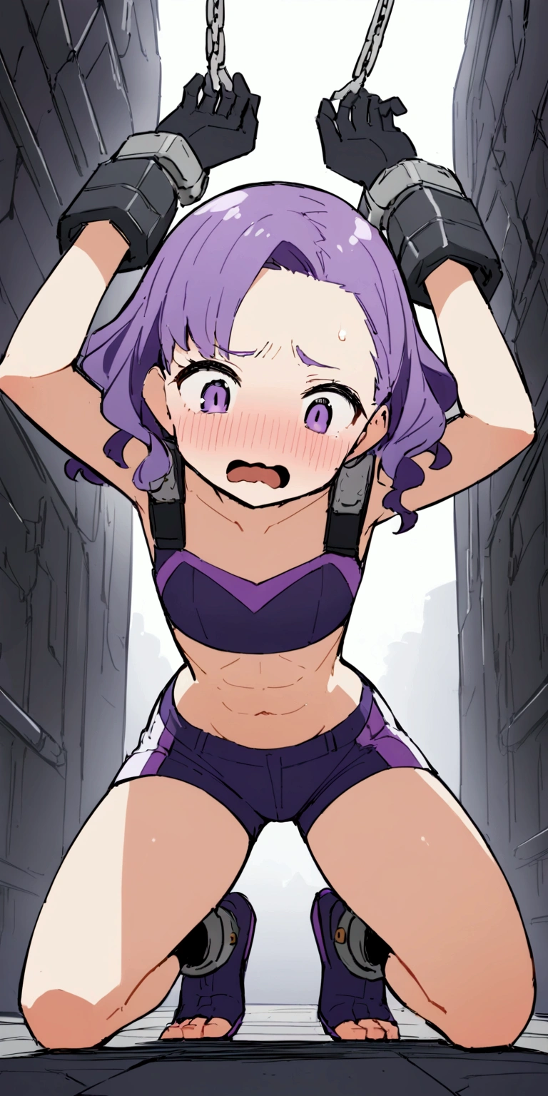 Anime Girls、Toned Abs、Purple Hair、short hair、Wavy Hair、blush、detailed、Highest quality、masterpiece、Shorts、Short top、gloves、belly button、solo、skinny body、Narrow waist、Wavy mouth、Being restrained、Crouching、Kneeling on the ground、Handcuffs、Shackles、Hands above head、Open Mouth、Center part、Forehead