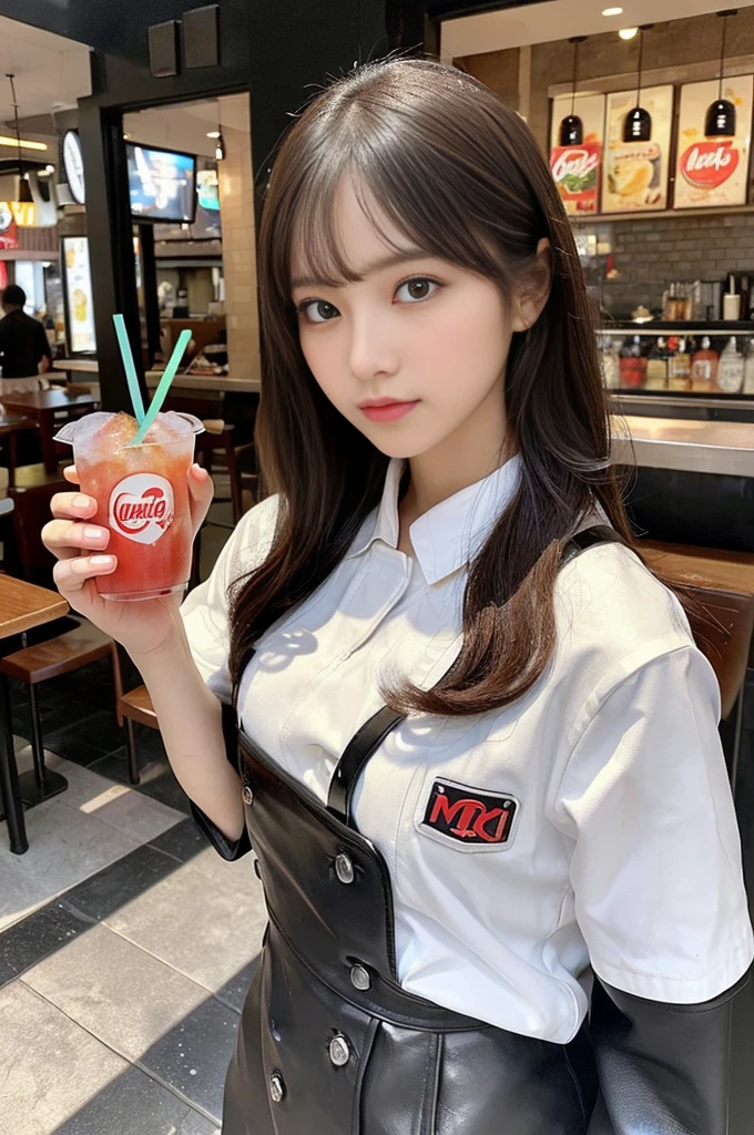 (masterpiece, ultra-detailed, ultra-realistic, best quality, clear focus, photorealistic), (ultra-high resolution, 8k, 16k:1.3), (full body:1.3), (very wide shot), perfect anatomy, 5 fingers, perfect face, (detailed face, detailed eye), (16 years old Japanese girl), (wearing a extremely tight fitting cute colored major fast food chain's uniform that made of very thick leather:1.2), (makeup:1.1), (eyeliner:1.3), (very large breasts), slim waist, extra long hair, (very cute with very beautiful but cool boyish face), (bad girl:1.2), (cool girl atmosphere), (dynamic angle:1.2), slender but muscular, broad shoulders, (hip focus:1.3), serving at the major fast food chain restaurant, (holding a tray of meal with drink set:1.3)