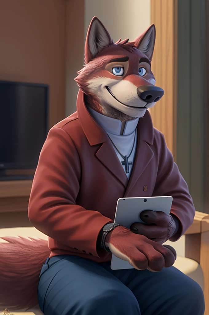 Joachim Wolfbach (Zootopia),tall handsome, wolf,young, 24 years, brown fur,(red body:1.3),Blue eyes, Moscow Dressed,Catholic priest of the Roman Catholic Church, canine, wolf, detailed fur, Male, antro, paw pads, finger claws,holding a laptop, at viewer, 5 fingers, paws, 5 fingers, smile, happy, resting, wrist watch, т nextel, sitting at home watching TV, by xenoforge, (difficult, high detail, film photography, soft focus, RAW, pilot by training,smile смех
фотореализм, realistic, photorealistic, analog style, subsurface scattering,
masterpiece, Best quality, ultra realistic, 8 K)