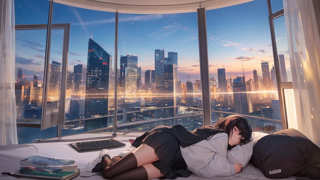 Ultra-high resolution, 8k, (Official Art, beautifully、mysterious:1.2), Anime Art Wallpaper, Works by Makoto Xin Haicheng, Lofi Art Style, Lo-fi feel, Perfect human body composition, Anatomically correct limbs, Structurally correct fingers, Impressive eyes, Oversized hoodie and short skirt, Shiny long black hair, Larger than average bust, Girl listening to music with headphones, Looking out the window, City Room, A room for music lovers, city view from the window, Impressive cityscape, Bright Sky, meteor, Wide angle, Before dusk