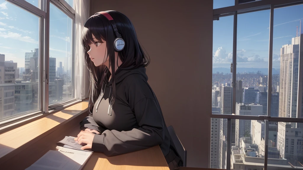 Absurd, Ultra-high resolution, (Official Art, beautifully、mysterious:1.2), Anime Art Wallpaper, 8K, Works by Makoto Xin Haicheng, Lofi Art Style, Correct human body composition, Striking eyes, Oversized hoodie and short skirt, Shiny long black hair, Larger than average bust, Girl listening to music with headphones, Looking out the window, Coffee on the desk, lo-fi girl, Anime atmosphere, Anime Aesthetics, Lo-fi feel, City Room, Teenage Girl's Room, A room for music lovers, city view from the window, Impressive cityscape, Bright Sky