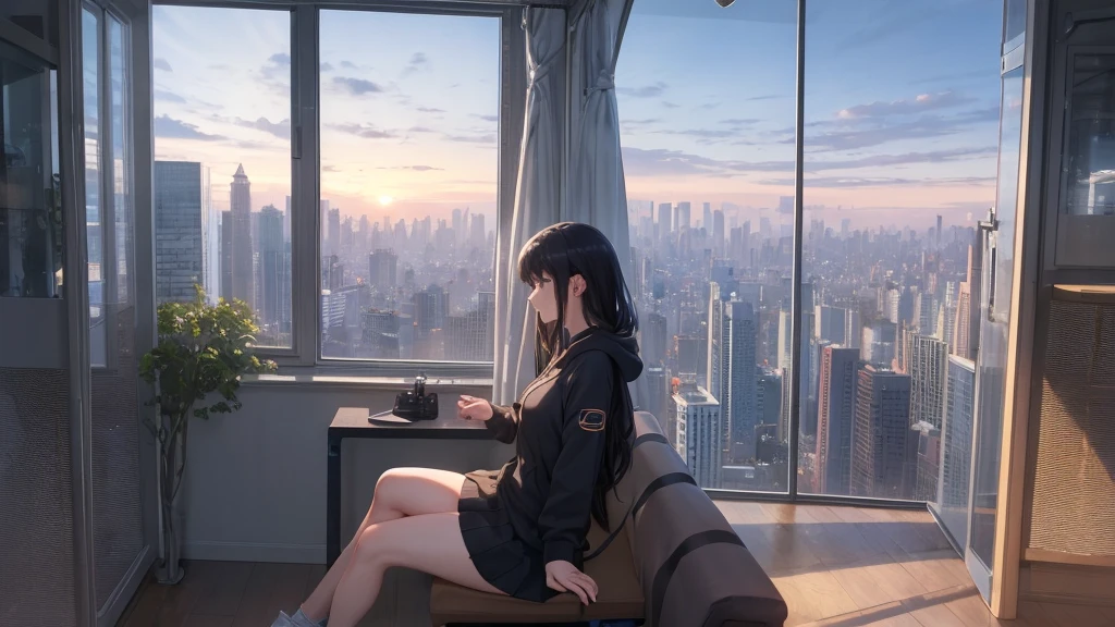 Ultra-high resolution, 8k, (Masterpiece, beautifully、mysterious:1.2), Works by Makoto Xin Haicheng, Lo-fi feel, Perfect human body engineering, 1 female, profile, mysteriousな瞳, Hoodie, uniform and short skirt, Shiny long black hair, Larger than average bust, Listening to music through headphones, Looking out the window, A room with a large window across from the desk, city view from the window, Impressive cityscape, Bright Sky, meteor, Wide angle, Before dusk