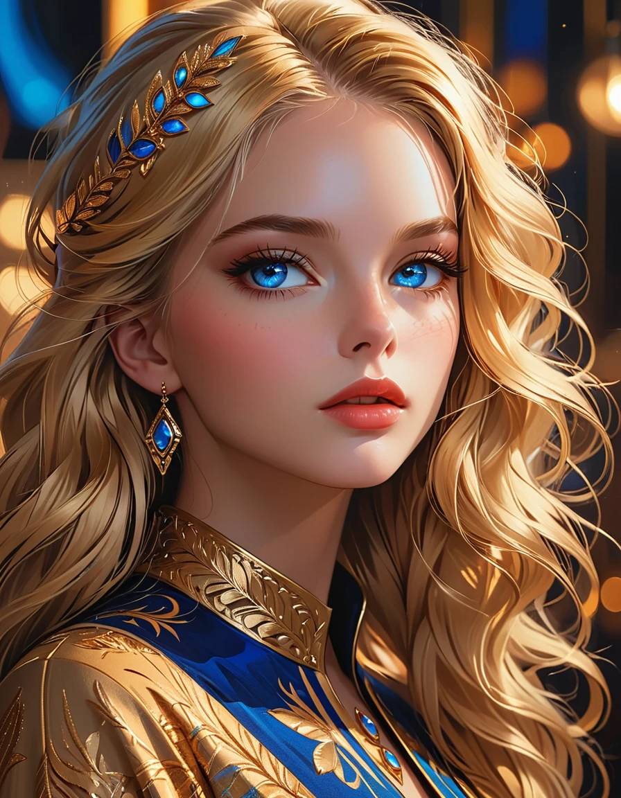 a girl with beautiful detailed eyes, beautiful detailed lips, extremely detailed face and features, long eyelashes, golden hair, blue eyes, elegant, minimalist style, simple lines and shapes, portrait, digital painting, 8k, highly detailed, photorealistic, vibrant colors, dramatic lighting, masterpiece, cinematic, studio lighting
