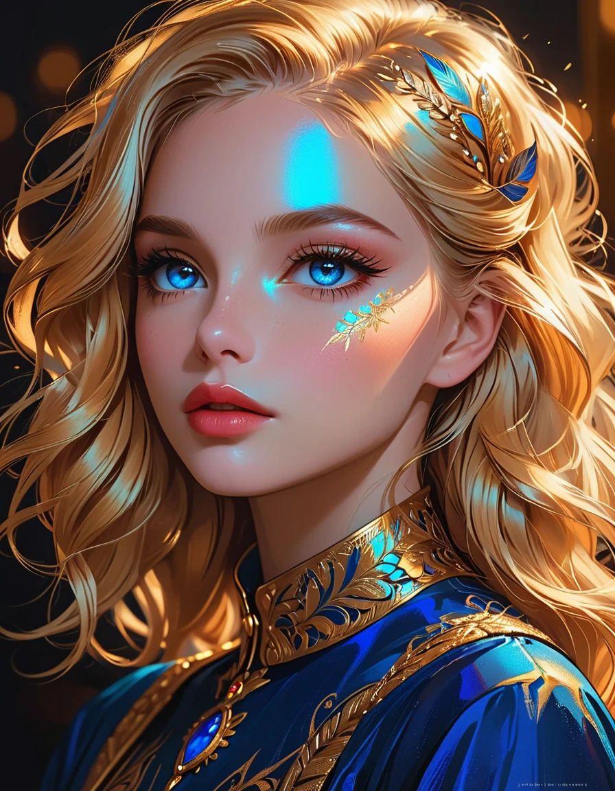 a girl with beautiful detailed eyes, beautiful detailed lips, extremely detailed face and features, long eyelashes, golden hair, blue eyes, elegant, minimalist style, simple lines and shapes, portrait, digital painting, 8k, highly detailed, photorealistic, vibrant colors, dramatic lighting, masterpiece, cinematic, studio lighting