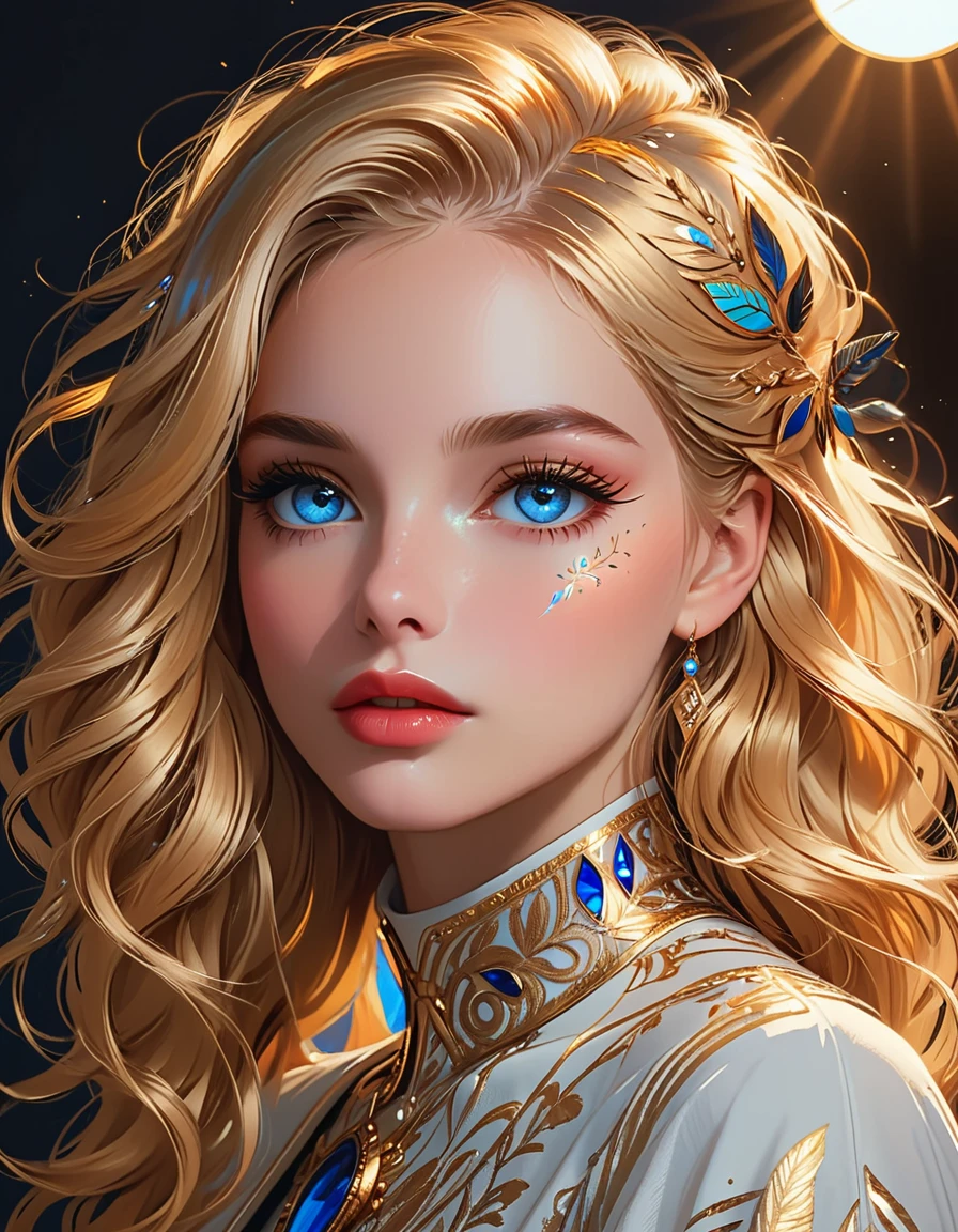 a girl with beautiful detailed eyes, beautiful detailed lips, extremely detailed face and features, long eyelashes, golden hair, blue eyes, elegant, minimalist style, simple lines and shapes, portrait, digital painting, 8k, highly detailed, photorealistic, vibrant colors, dramatic lighting, masterpiece, cinematic, studio lighting