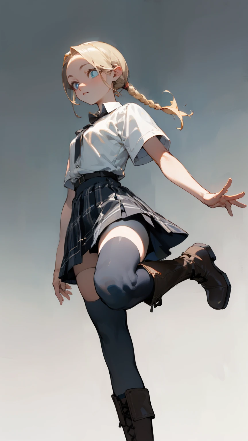 (masterpiece, best quality, super detailed, beautiful details eyes, Clean and delicate face), 1 lady, solo, from below, (whole body, standing), Single Braided blonde pony tail, parted bangs, forehead, blue eye, slight smile, white short sleeve shirt, mini plaid skirt, thigh, black Thigh-high stockings, Platform boots, simple color background