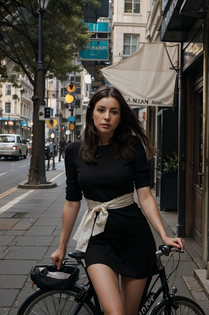 painting of a woman riding a bike in a city street, nick alm, by Raymond Leech, by John Alexander, style of dragan bibin, inspired by Raymond Leech, danile gerhartz, at a city street, in the city, by Antonio Saura, in city street, inspired by Ken Howard, by Lattanzio Gambara
