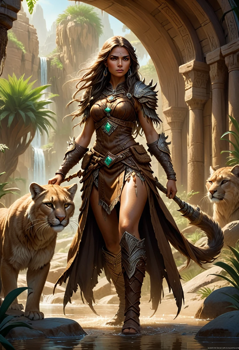 high details, best quality, 8k, [ultra detailed], masterpiece, best quality, (extremely detailed), dynamic angle, ultra wide shot, RAW, photorealistic, fantasy art, realistic art, a wide angle picture of a female human druid, knelling (1.5 intricate details, Masterpiece, best quality) talking to a cougar (1.5 intricate details, Masterpiece, best quality) in desert (1.5 intricate details, Masterpiece, best quality),  a female  wearing leather clothes (1.4 intricate details, Masterpiece, best quality), leather boots, thick hair, long hair, brown hair, tan skin intense brown eyes, desert background (intense details), a stream flowing in an oasis (1.4 intricate details, Masterpiece, best quality), sun light, dynamic light. dynamic angle, (1.4 intricate details, Masterpiece, best quality) 3D rendering, high details, best quality, highres, ultra wide angle