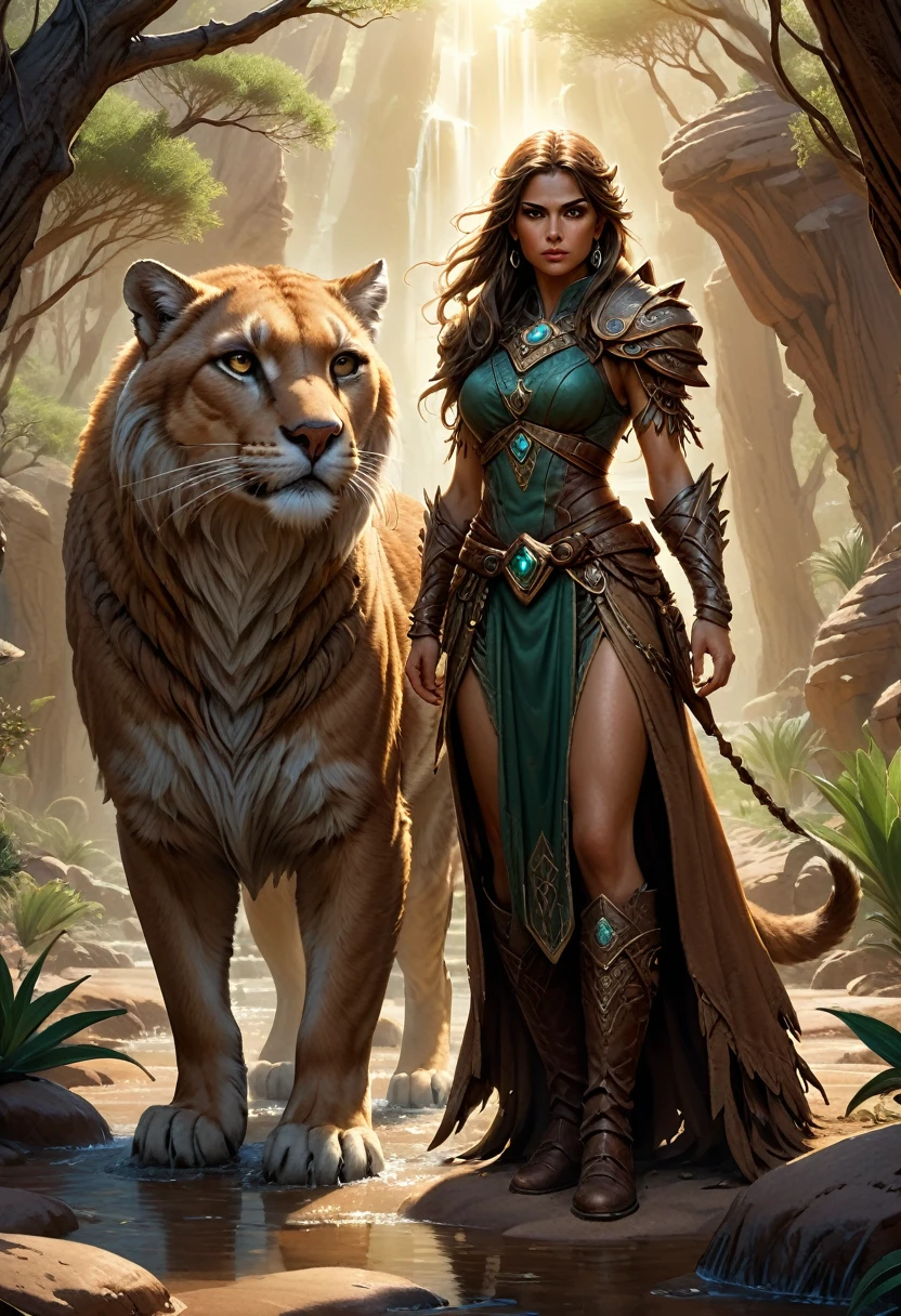 high details, best quality, 8k, [ultra detailed], masterpiece, best quality, (extremely detailed), dynamic angle, ultra wide shot, RAW, photorealistic, fantasy art, realistic art, a wide angle picture of a female human druid, knelling (1.5 intricate details, Masterpiece, best quality) talking to a cougar (1.5 intricate details, Masterpiece, best quality) in desert (1.5 intricate details, Masterpiece, best quality),  a female  wearing leather clothes (1.4 intricate details, Masterpiece, best quality), leather boots, thick hair, long hair, brown hair, tan skin intense brown eyes, desert background (intense details), a stream flowing in an oasis (1.4 intricate details, Masterpiece, best quality), sun light, dynamic light. dynamic angle, (1.4 intricate details, Masterpiece, best quality) 3D rendering, high details, best quality, highres, ultra wide angle