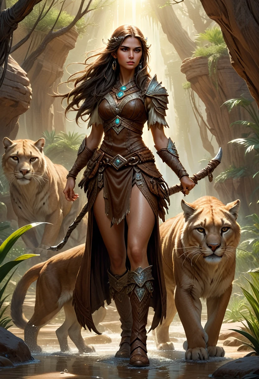 high details, best quality, 8k, [ultra detailed], masterpiece, best quality, (extremely detailed), dynamic angle, ultra wide shot, RAW, photorealistic, fantasy art, realistic art, a wide angle picture of a female human druid, knelling (1.5 intricate details, Masterpiece, best quality) talking to a cougar (1.5 intricate details, Masterpiece, best quality) in desert (1.5 intricate details, Masterpiece, best quality),  a female  wearing leather clothes (1.4 intricate details, Masterpiece, best quality), leather boots, thick hair, long hair, brown hair, tan skin intense brown eyes, desert background (intense details), a stream flowing in an oasis (1.4 intricate details, Masterpiece, best quality), sun light, dynamic light. dynamic angle, (1.4 intricate details, Masterpiece, best quality) 3D rendering, high details, best quality, highres, ultra wide angle