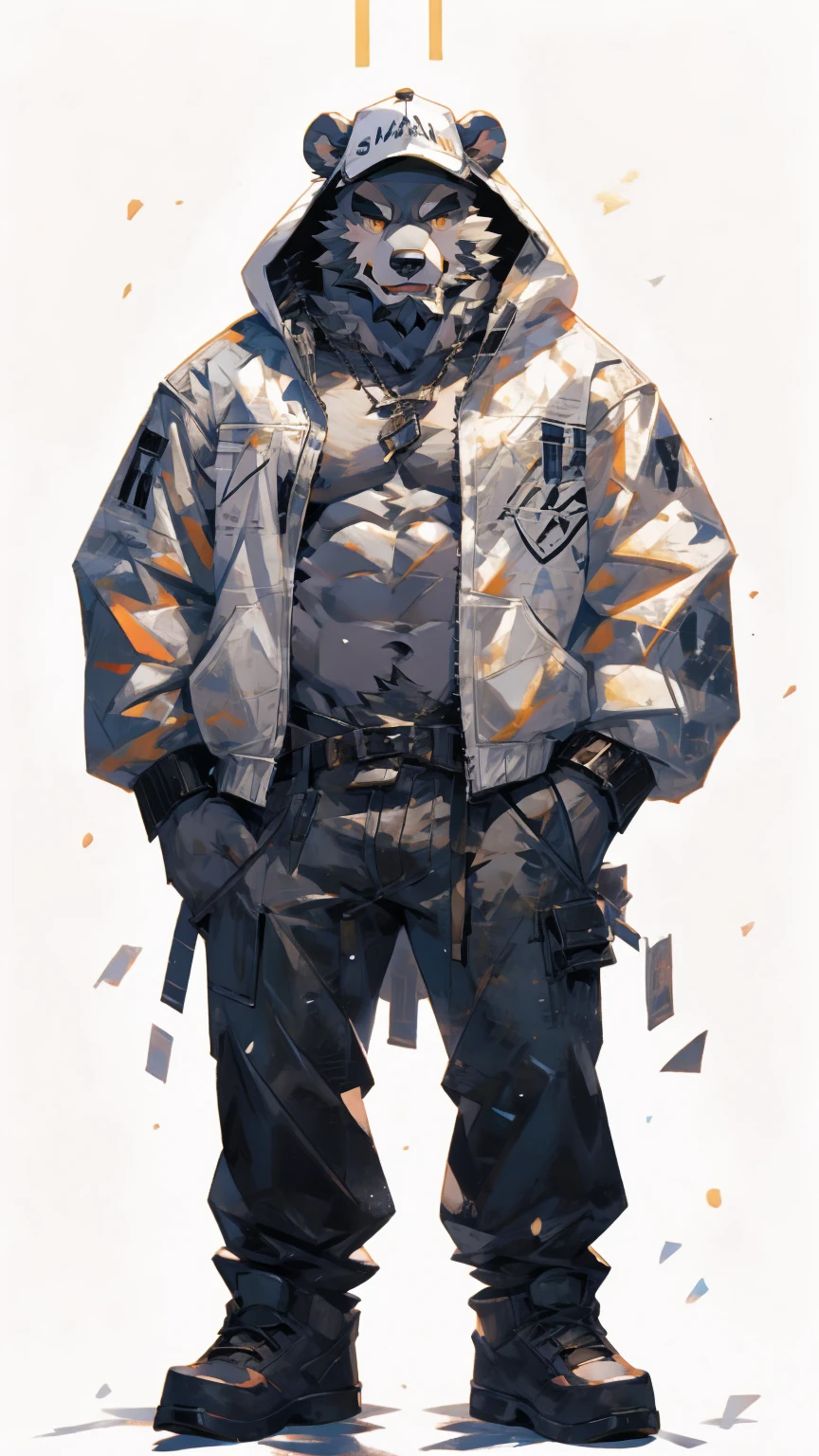 (masterpiece:1.2), best quality,pixiv,official art,perfect , (Ray tracing, light),solo, (1_male:1.3) , (muscle), (grey fur:1.4), (muscle bear), (beard:1.2), (gleaming golden eyes), bear tail, full body, Thick black eyebrows, baseball cap, (open short hoodie), ( inside),Ripped short jeans, black short boots, (pure white background: 1.3), (front view:1.3), character design