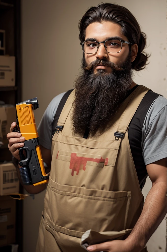 brown doll, bearded man with paint gun in his hands in 2D