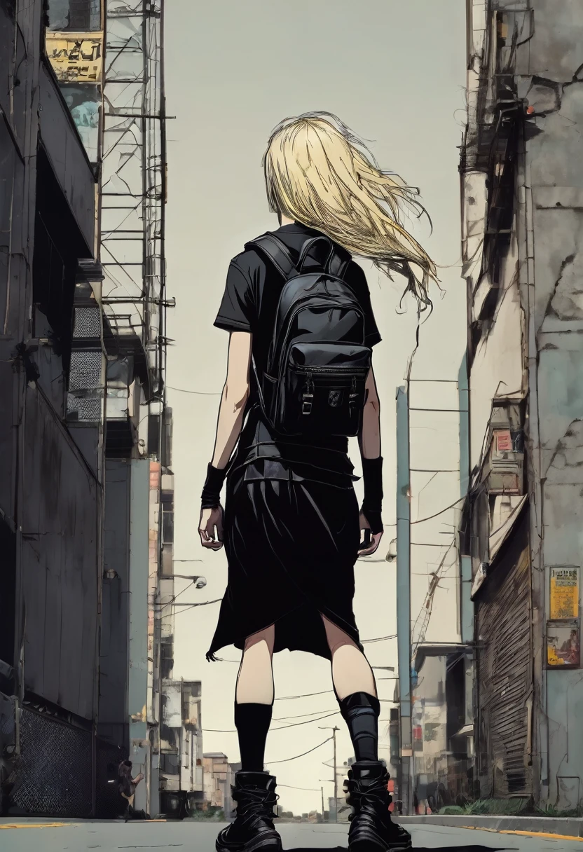 Alternative goth faceless muscled and tall long sliver blonde hair boy walking in black punk plataform boots and a long skirt in a vintage style, a black backpack, musculed legs and solid background 