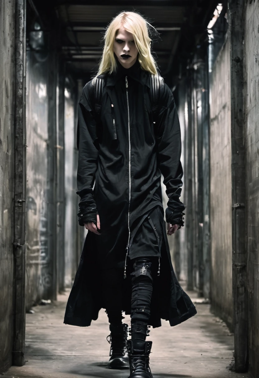 Alternative goth faceless muscled and tall long sliver blonde hair boy walking in black punk plataform boots and a long skirt in a vintage style, a black backpack, musculed legs and solid background